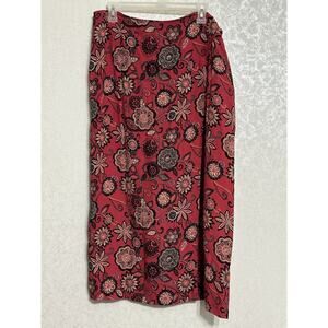 FL Malik Vintage Boho Straight Wrap‎ Skirt Red / Pink Floral Print Tie Waist L